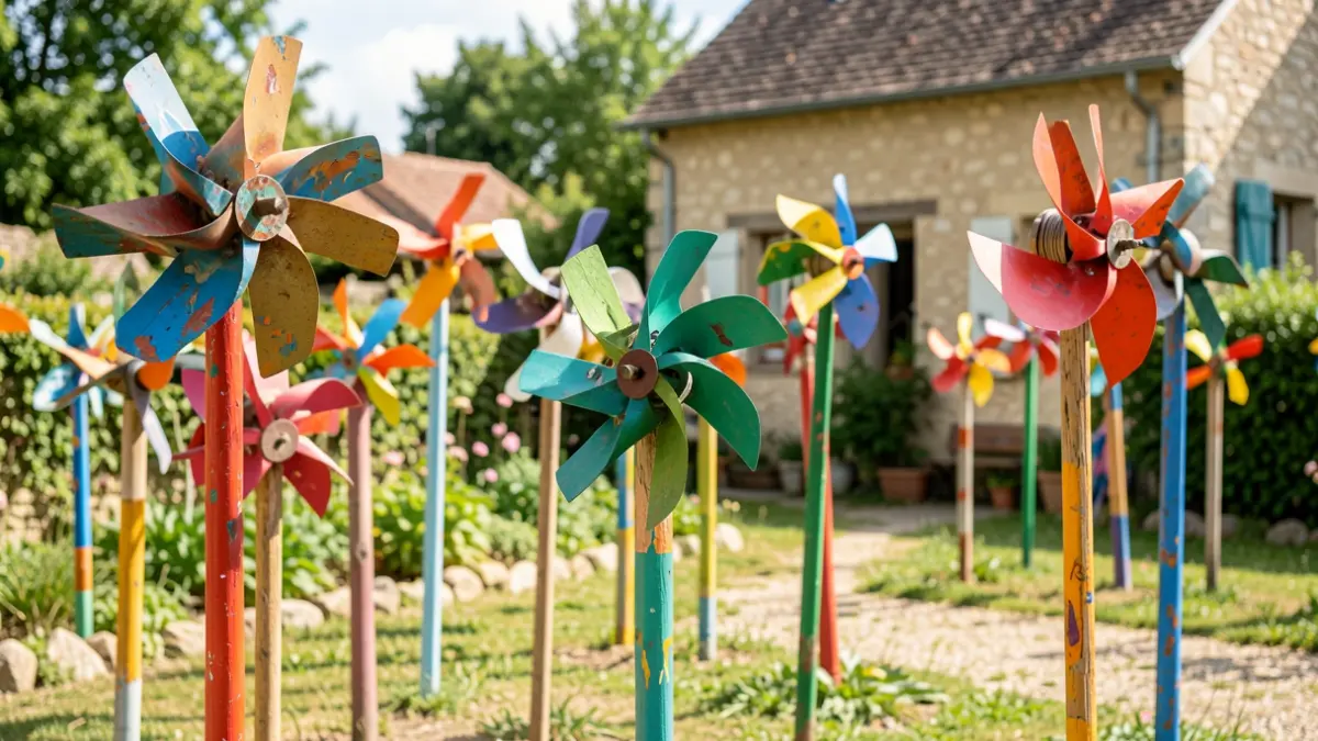 Outdoor folk art garden with colorful wind spinners and painted wood pieces by André Pailloux.
