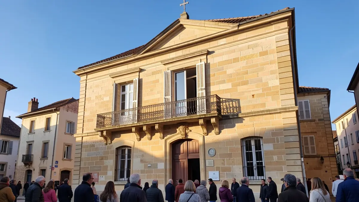 Facade of a stone town hall in Nouvelle-Aquitaine with an ornate balcony and iron railings, warm afternoon sunlight casting shadows on the sandstone walls, blue sky, documentary photography style. No text or logos visible.