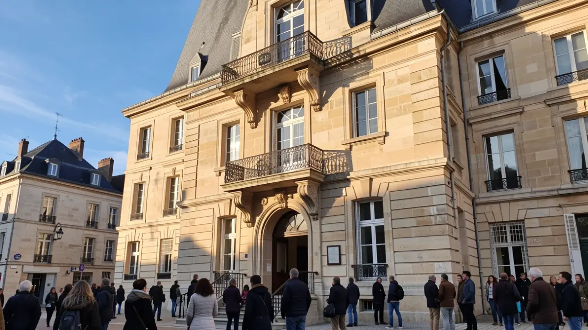 Stone facade of a Nouvelle-Aquitaine town hall with ornate balcony and iron railings, warm afternoon sunlight casting shadows on the sandstone walls, blue sky.