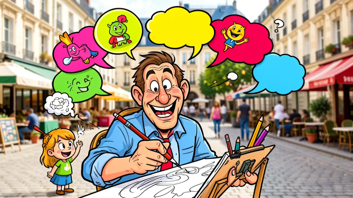 Illustration humoristique d'un caricaturiste en pleine action, entouré de personnages joyeux et de bulles de dialogue colorées, dans un cadre festif.