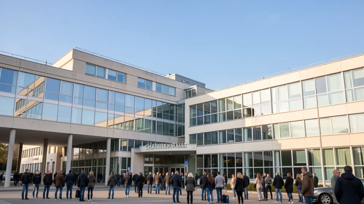 Vue extérieure du site hospitalier de Châtellerault, un bâtiment moderne sous un ciel bleu.