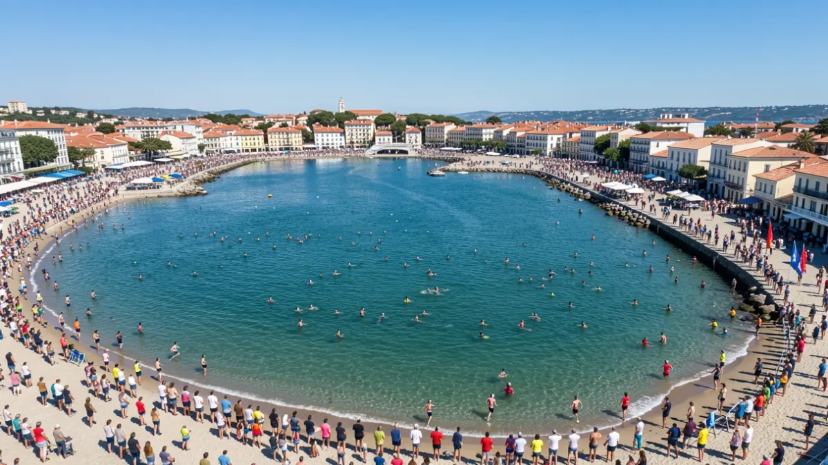 Vue aérienne d'une épreuve de SwimRunBask dans la baie de Saint-Jean-de-Luz, avec des participants nageant et courant.