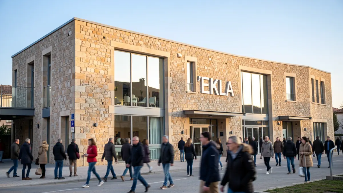 Façade du centre culturel L'EKLA au Teich, avec des éléments architecturaux modernes et une lumière d'après-midi douce.