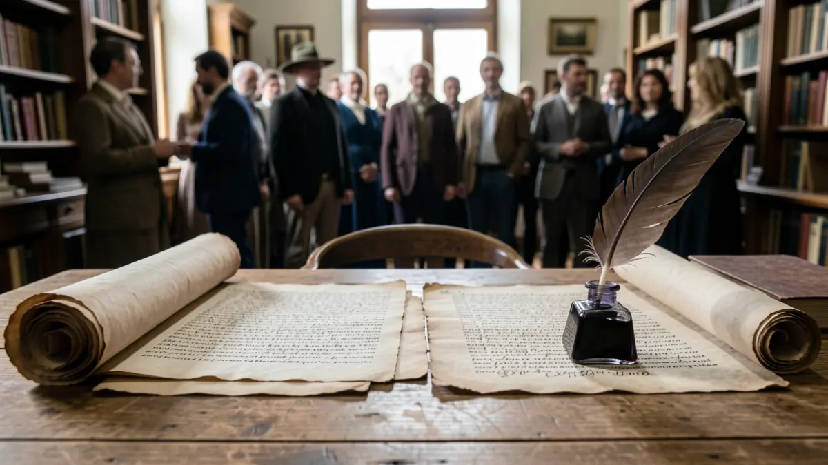 Rouleaux et textes juridiques romains sur une table en bois, avec une plume et un encrier.