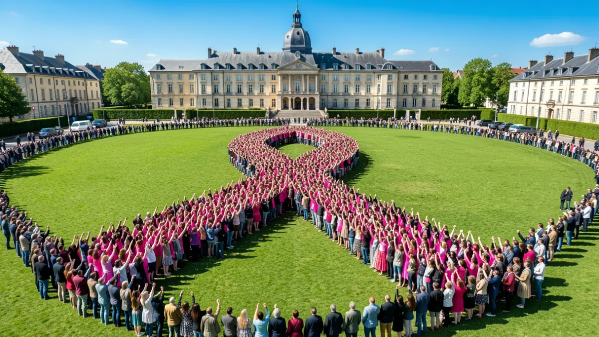Generic image of people forming a giant pink ribbon in front of a town hall.