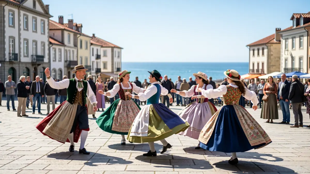 Generic image of traditional Basque dancers in motion on a square in Saint-Jean-de-Luz.