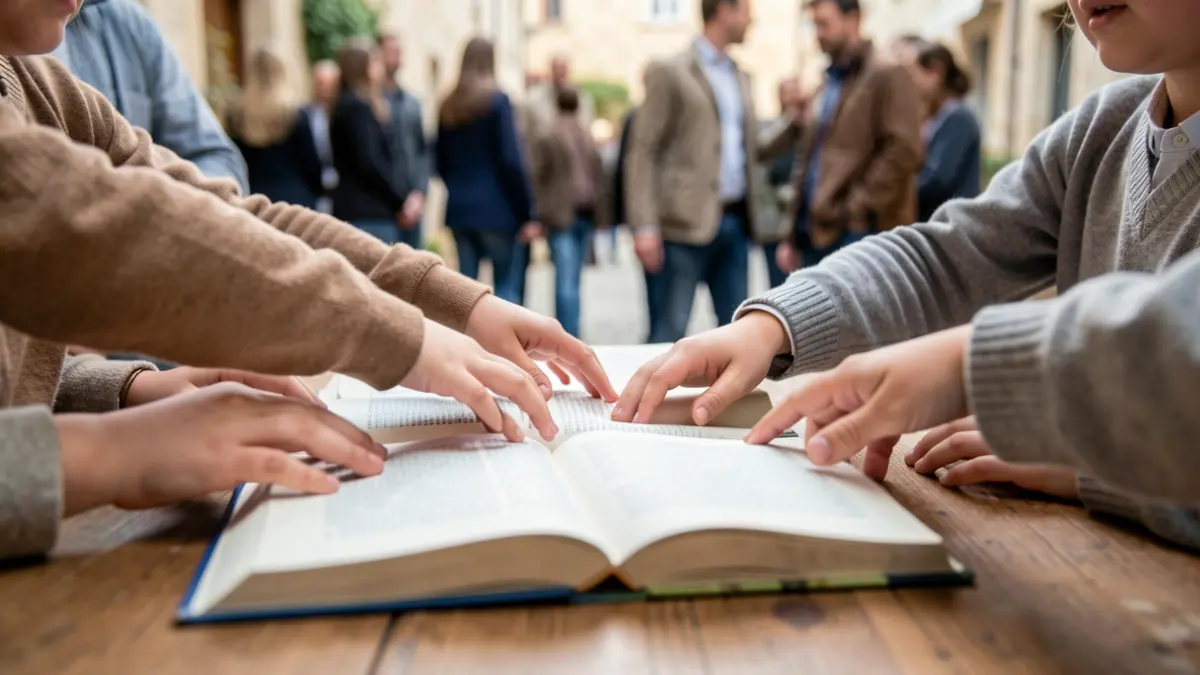 Children's hands reaching for an open book on a wooden table, soft natural light, shallow depth of field, focus on the book and hands, evoking a sense of wonder and discovery. Nouvelle-Aquitaine setting.