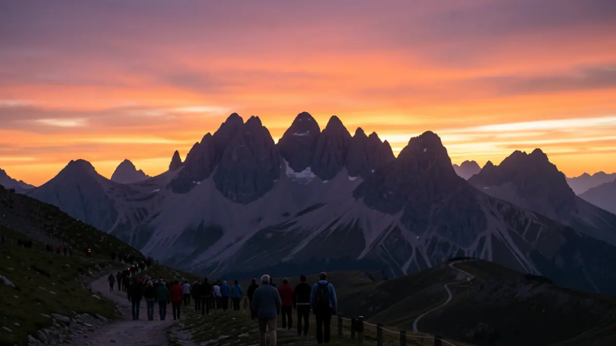 Spectacular view of the Pic du Midi de Bigorre at sunset, with mountain silhouettes and a steep path.