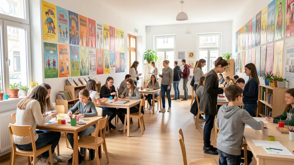 Image générique d'un centre de jeunesse accueillant avec des affiches colorées et des tables pour des activités.