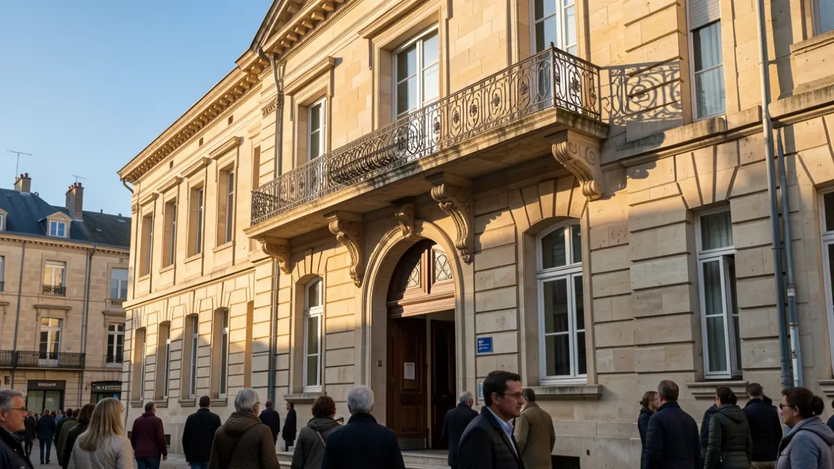 Stone facade of a Nouvelle-Aquitaine town hall with ornate balcony and iron railings, warm afternoon sunlight casting shadows on the sandstone walls, blue sky.
