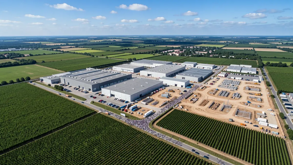 Aerial view of an industrial zone in Nouvelle-Aquitaine with vineyards.