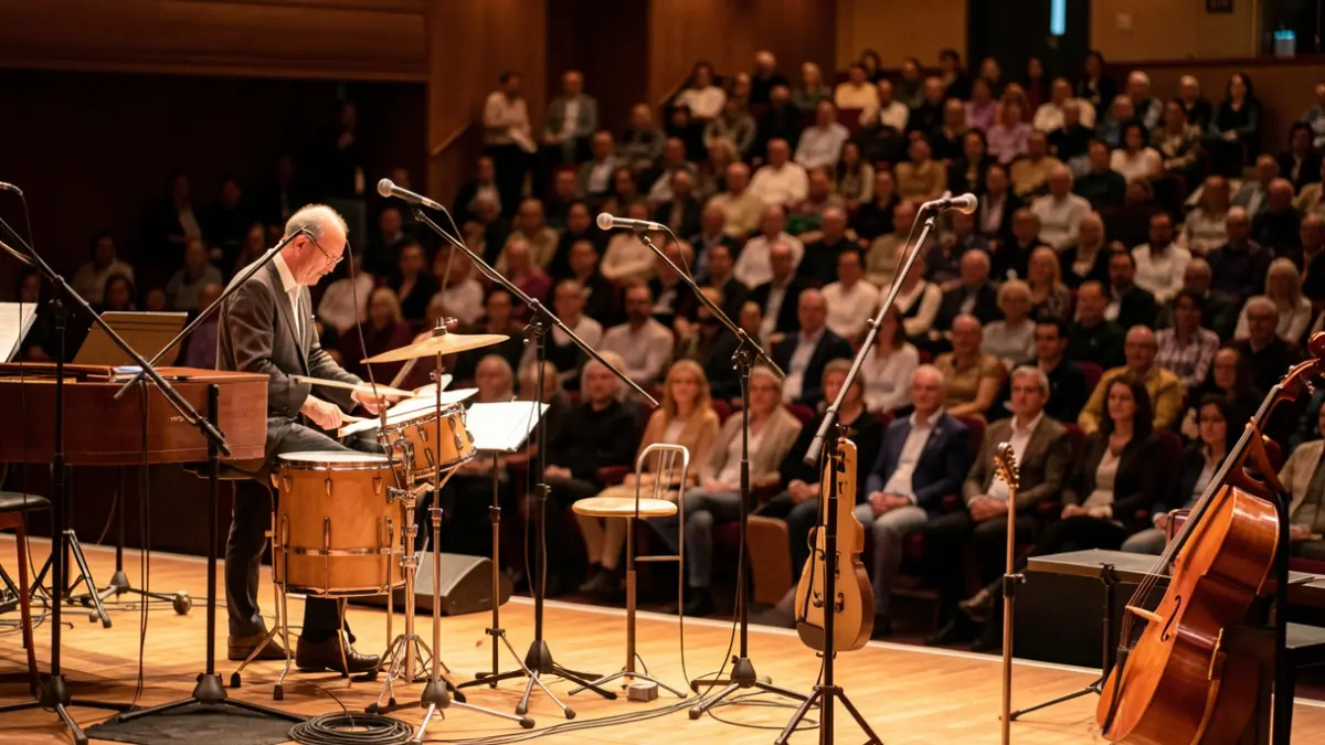 Concert stage with musical instruments and microphones, intimate atmosphere.