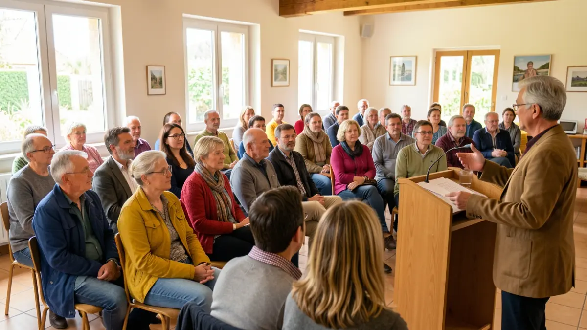 Image générique de bénévoles participant à une réunion publique dans une salle communale.