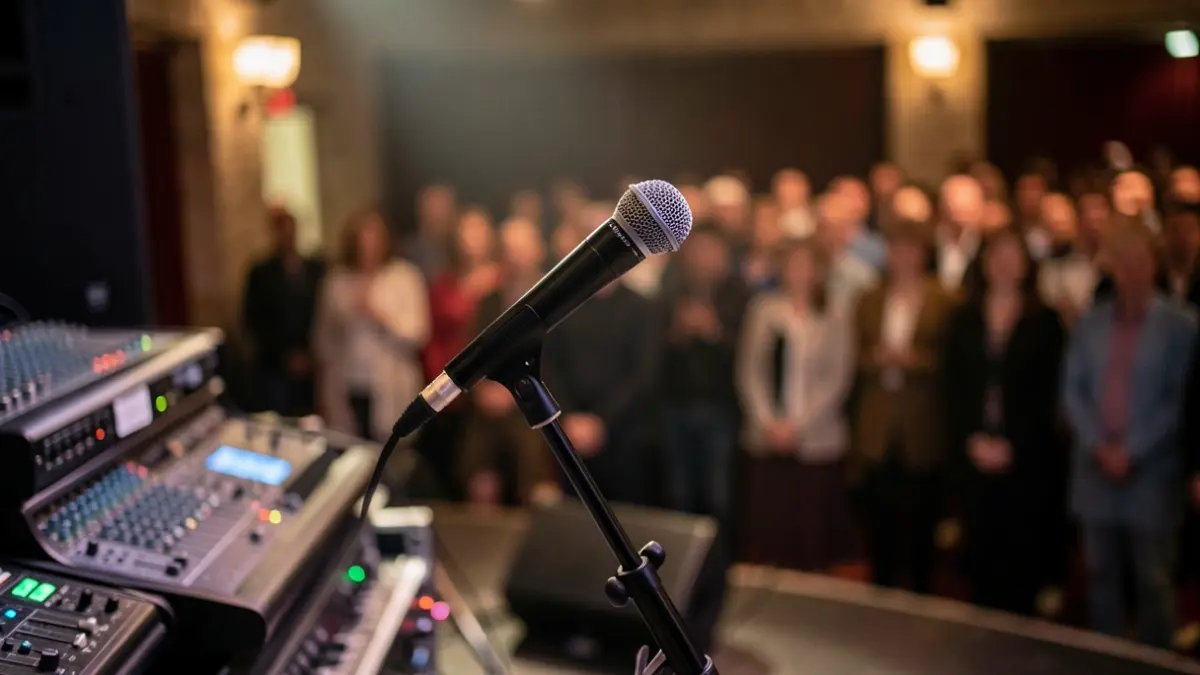 Image générique d'une scène de concert intimiste avec un microphone.