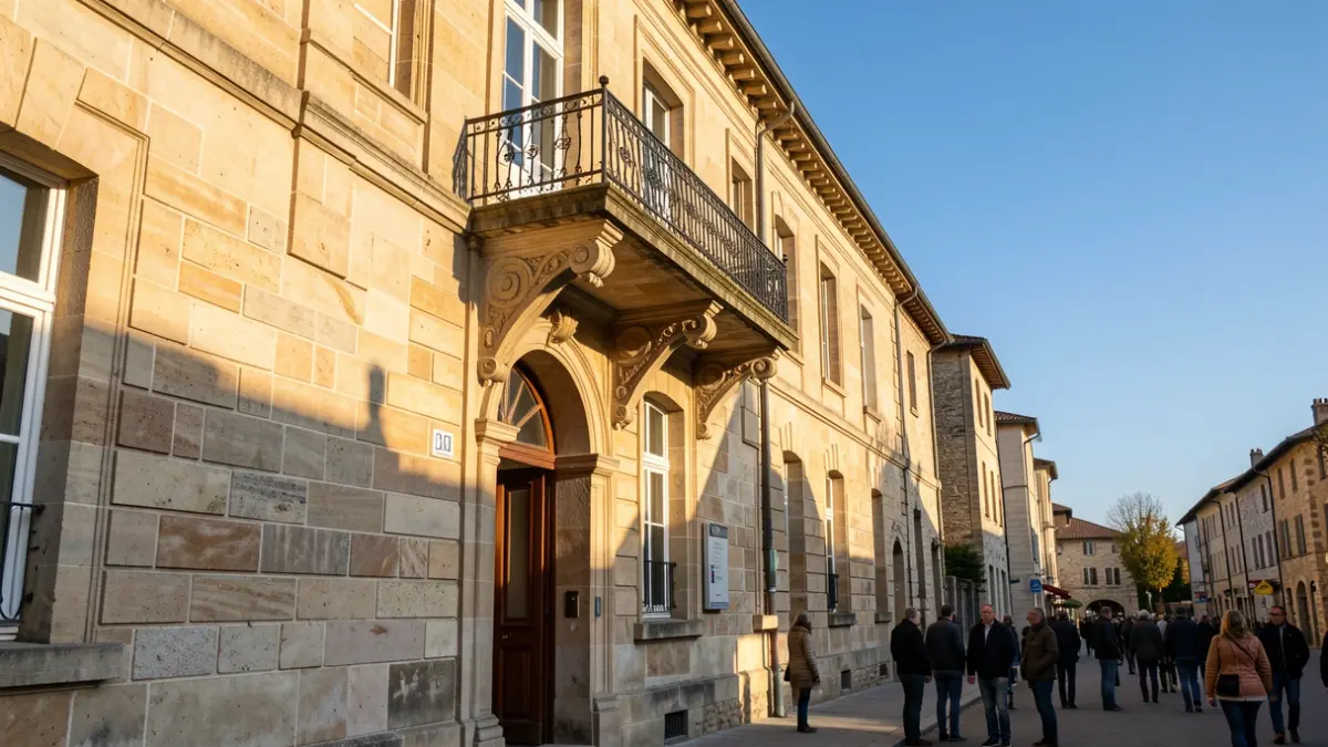 Stone facade of the Felletin town hall with ornate balcony and iron railings, warm afternoon sunlight casting shadows on the sandstone walls, blue sky, documentary photography style.