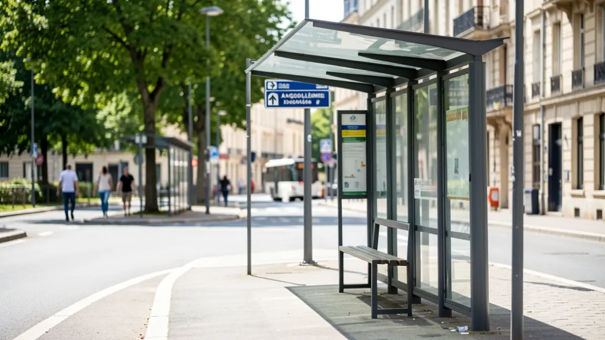 Image générique d'un arrêt de bus vide à Angoulême, avec des panneaux de lignes perturbées.