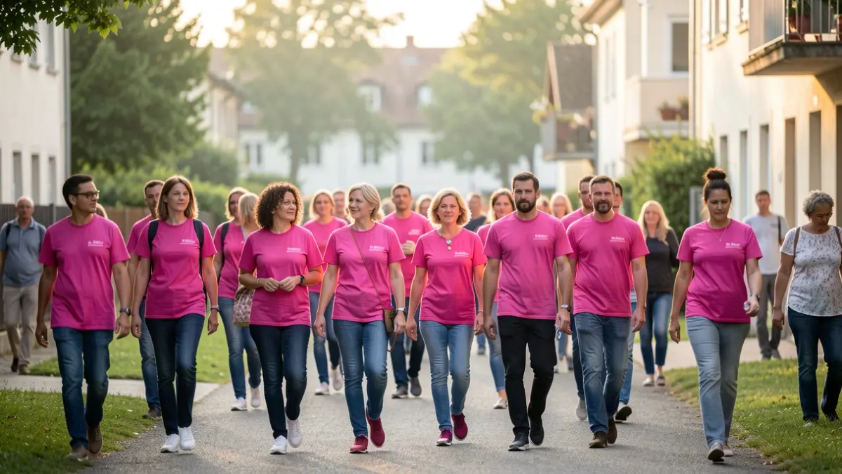 Image générique d'une marche solidaire pour Octobre Rose, avec des participants portant du rose sur un chemin communal.