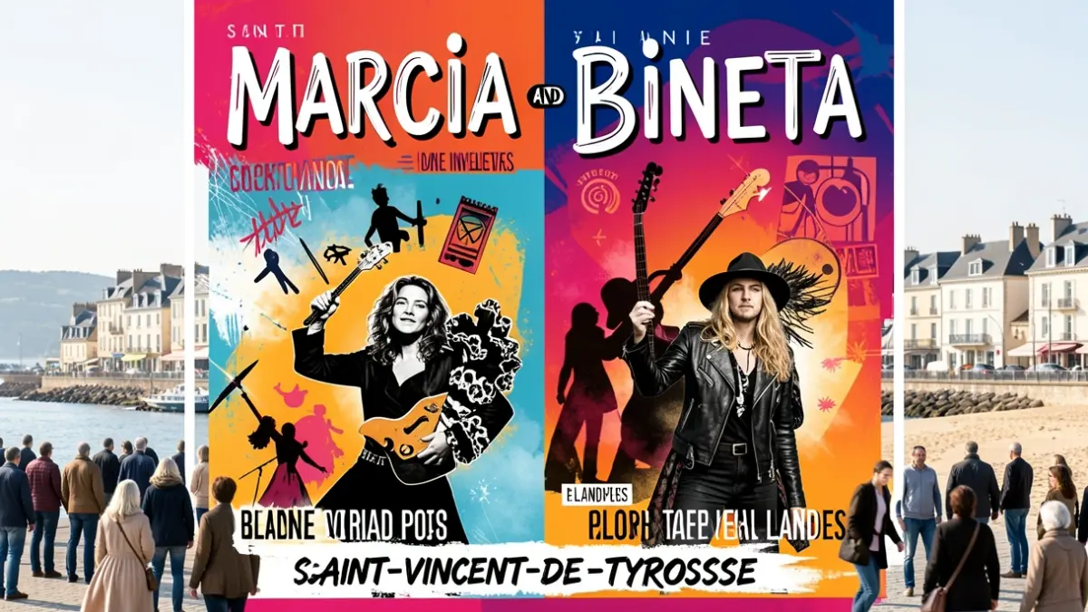 Concert poster for Marcia and Bineta in Saint-Vincent-de-Tyrosse, Landes, blending pop, French chanson, urban influences, rock, and flamenco.