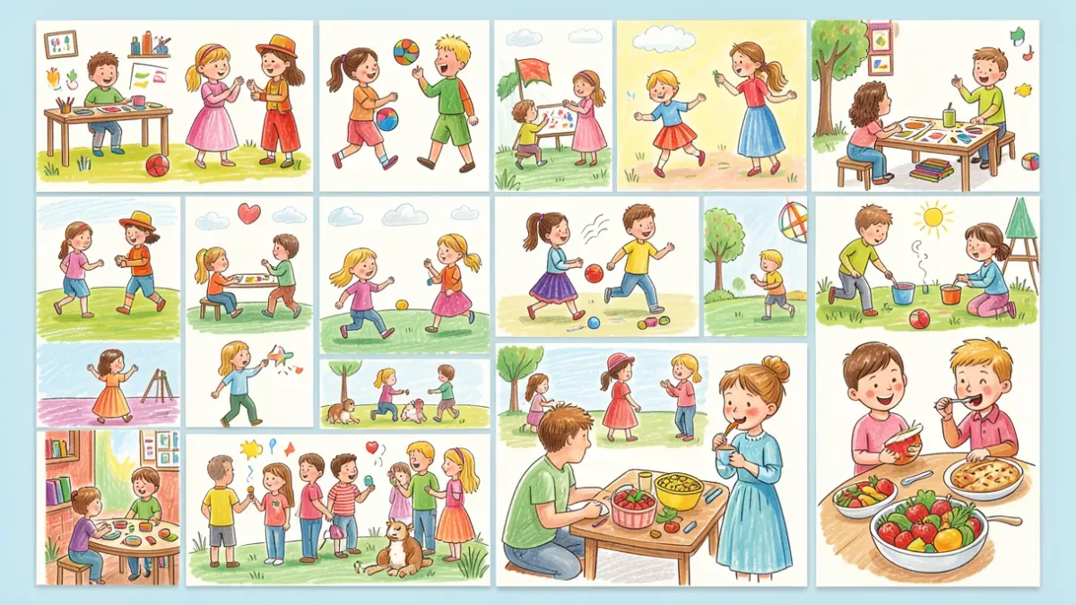 Image générique d'un collage de dessins d'enfants représentant des activités ludiques et culinaires.