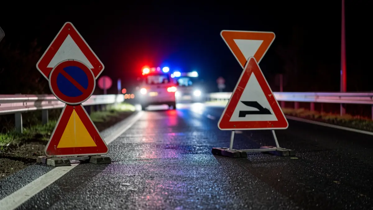 Road closure barriers and temporary traffic signs on a dark, wet asphalt road at night, with blurred red and blue emergency lights in the background.