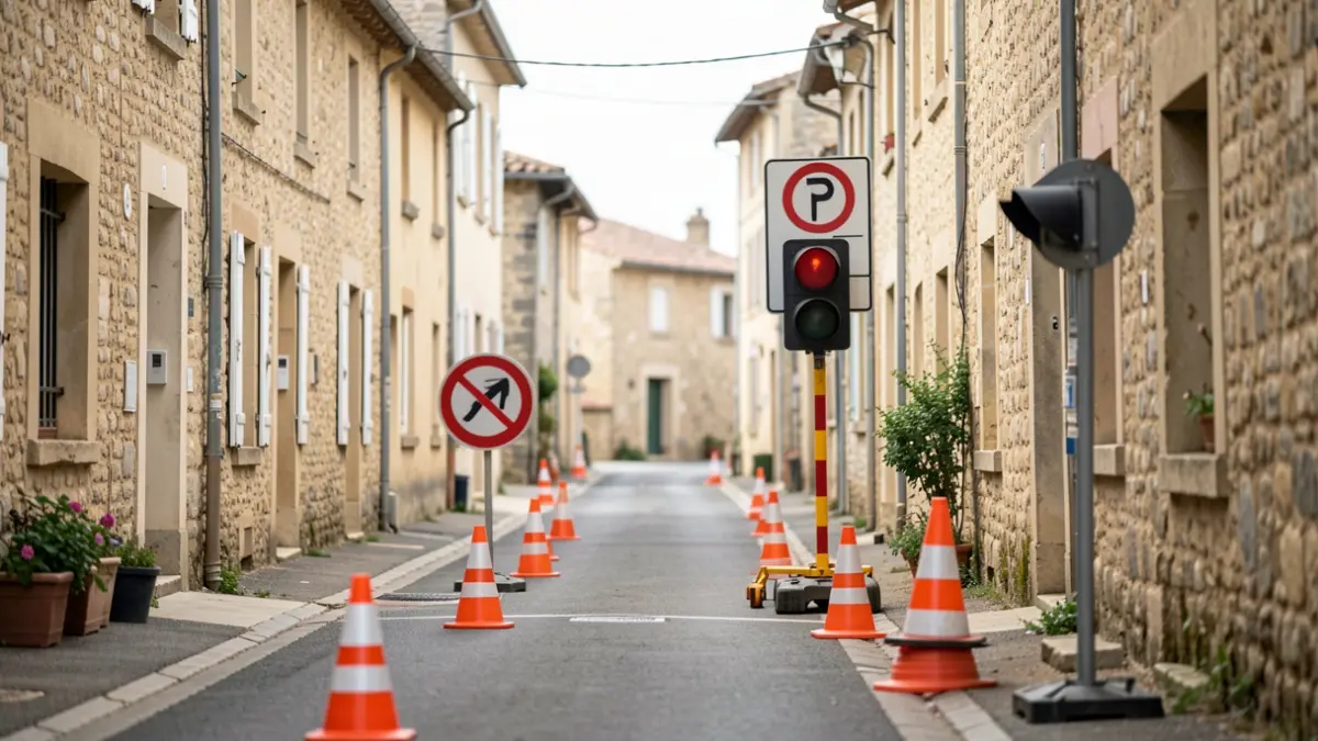 Roadworks on Route de Florence and Route du Pont de Fort in Mios, with alternating traffic and diversions.