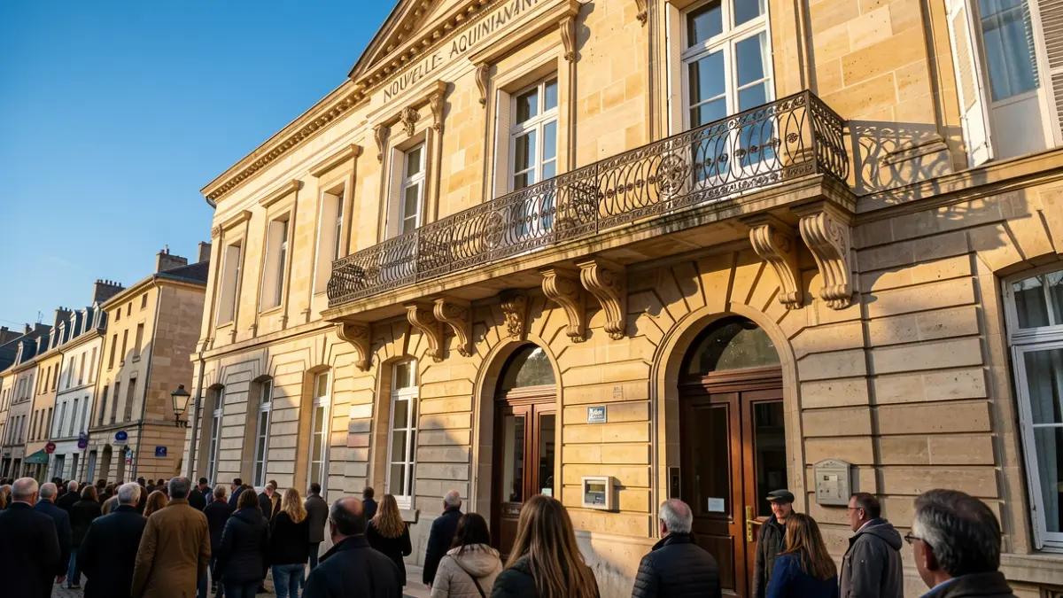 Façade de la mairie de Mios avec balcon en fer forgé, éclairée par le soleil de l'après-midi.
