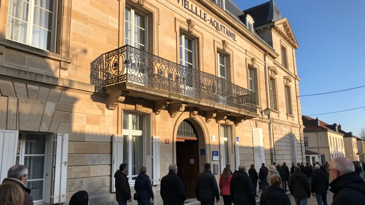 Façade de l'hôtel de ville de Montardon, un bâtiment en pierre avec un balcon en fer forgé, sous un soleil d'après-midi.