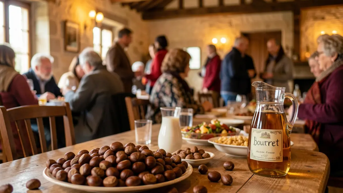 Image générique d'une fête d'automne locale avec des châtaignes grillées et du bourret.