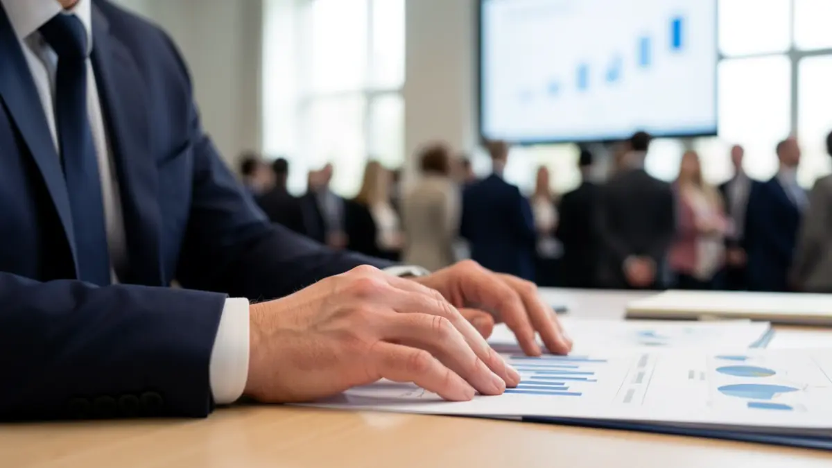 Generic image of a business leader's hands on a desk with blurred economic charts.