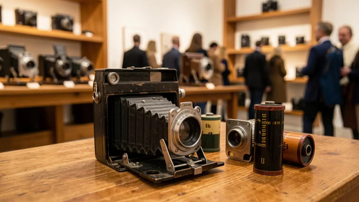 Close-up of vintage photographic equipment, including an old camera and film rolls, on a wooden table. Soft, warm lighting.