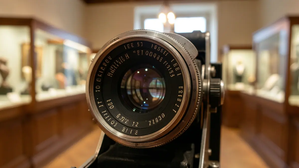 Close-up of a vintage camera lens reflecting soft ambient light, with a blurred museum interior in the background.