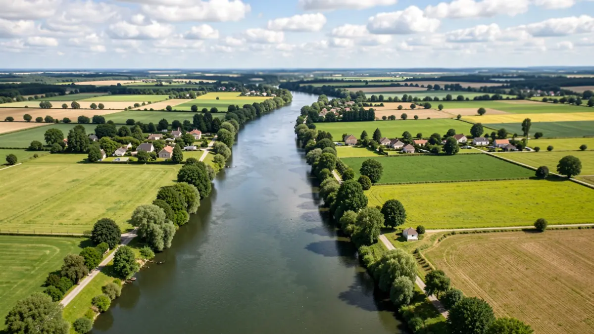 Vue aérienne d'une rivière traversant un paysage verdoyant avec des maisons et des champs dispersés, sous un ciel partiellement nuageux.