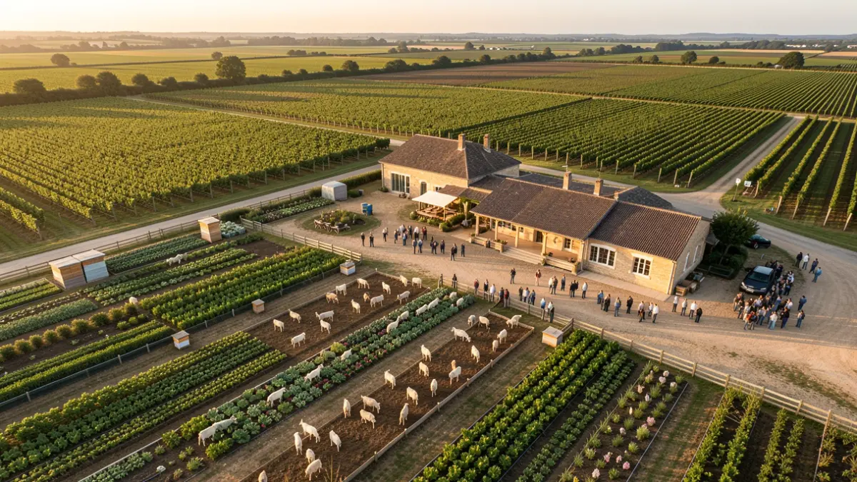 Aerial view of the Nodris departmental estate in Médoc, combining organic farming and cultural activities.