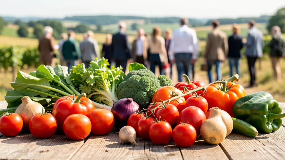 Image générique de légumes et fruits locaux frais disposés sur une table en bois.