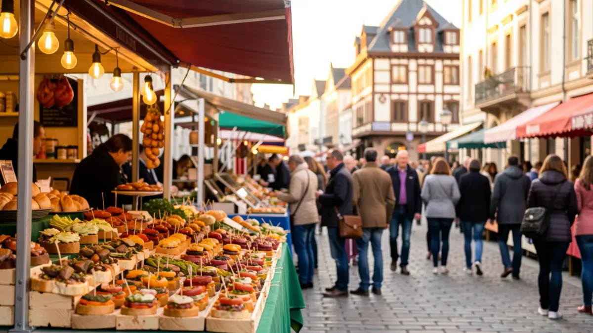 A lively street scene in Saint-Jean-de-Luz during a food festival, featuring colorful pintxos on display and Basque architecture in the background.