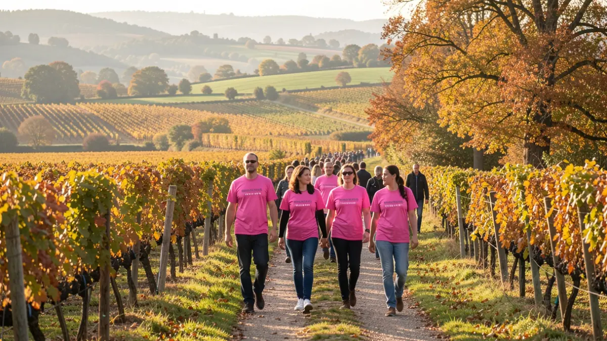 Generic image of hikers wearing pink t-shirts in the Nouvelle-Aquitaine countryside.