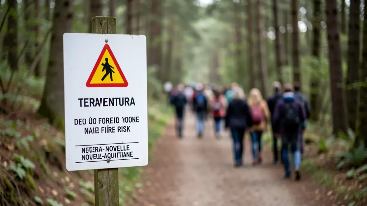 Sign indicating the closure of the Terra Aventura trail due to forest fire risk.