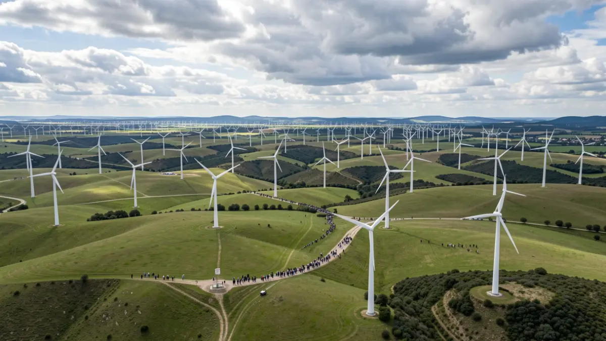 Aerial view of a vast wind farm in Nouvelle-Aquitaine, turbines on green hills under a cloudy sky.