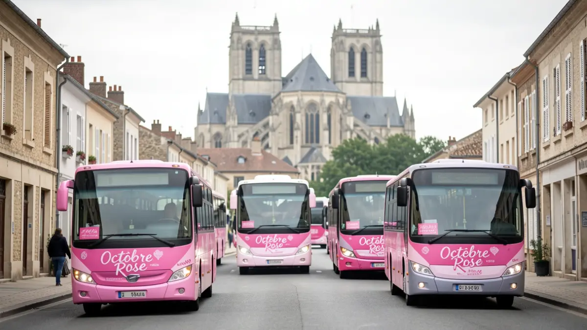 Cinq bus du réseau Péribus aux couleurs d'Octobre Rose circulant à Périgueux.