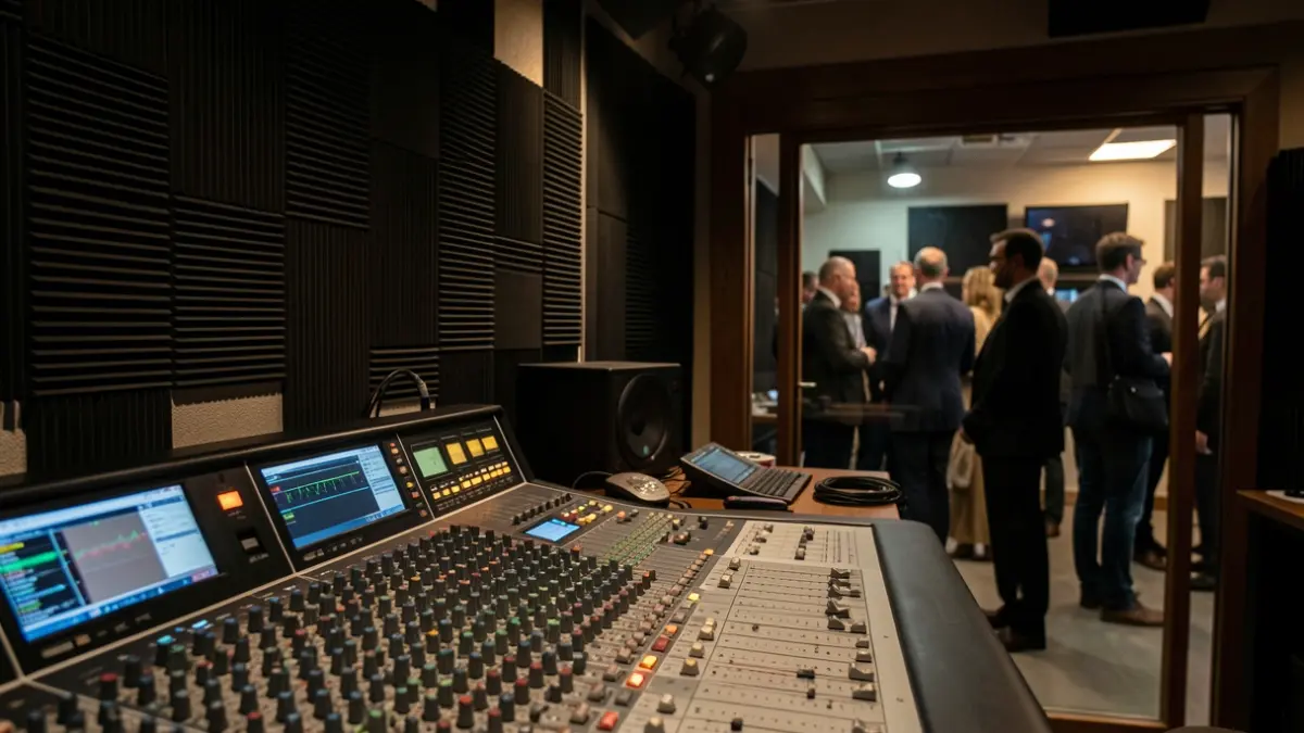 Post-production studio with audio equipment.