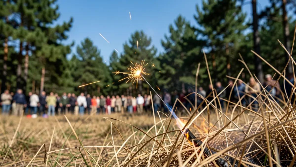 Une étincelle s'allume dans de l'herbe sèche, avec une forêt en arrière-plan.