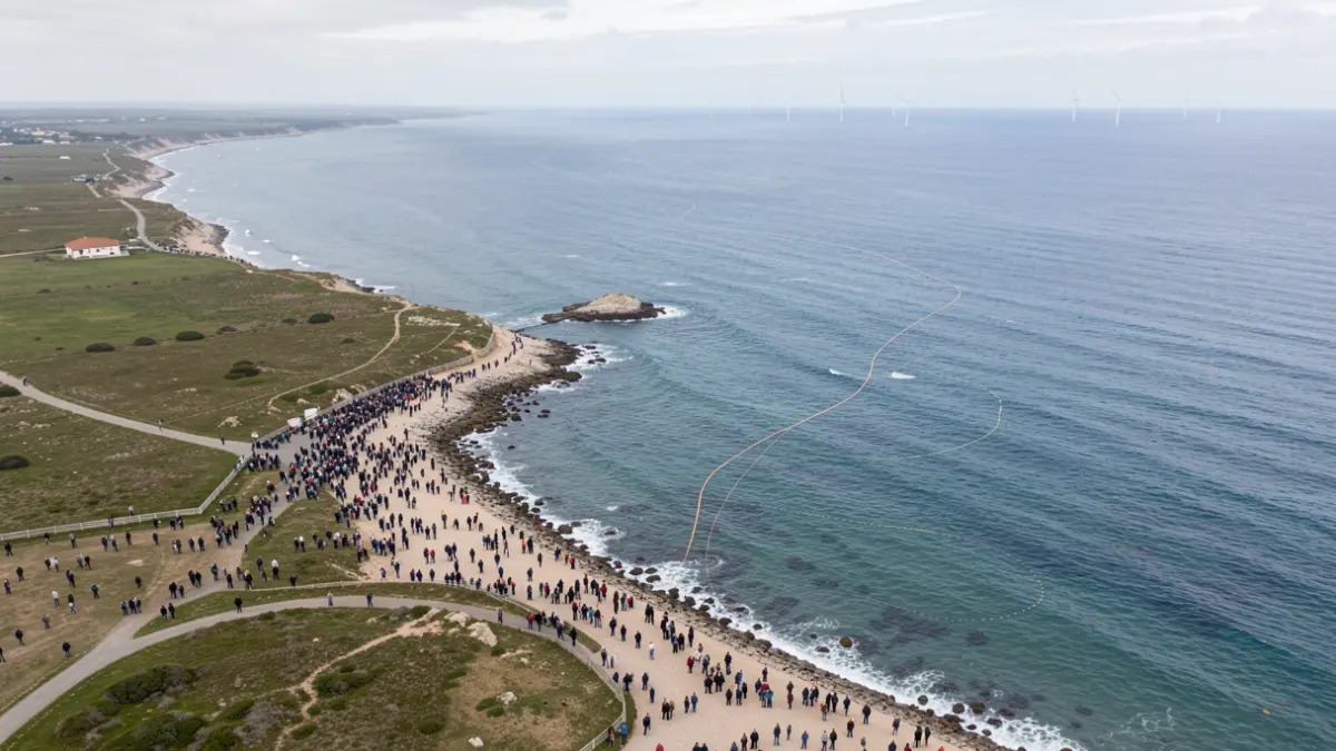 Aerial view of the Atlantic coast in Nouvelle-Aquitaine, showing the sea and land, with distant wind turbines.