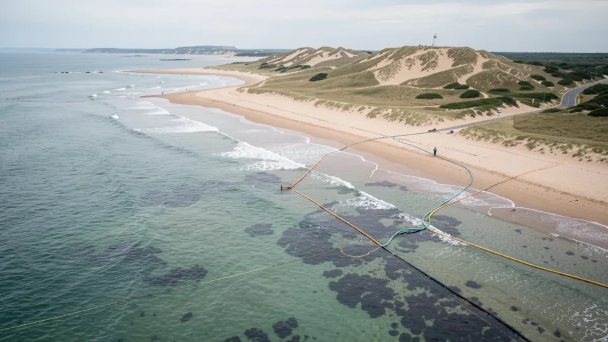 Vue aérienne d'un projet d'infrastructure électrique sous-marine près de la côte de la Nouvelle-Aquitaine.