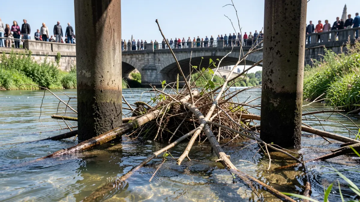 Close-up of debris and branches accumulated against bridge pilings in a river, with clear water flowing around them. The background shows a stone bridge and lush green riverbanks under a bright, clear sky.