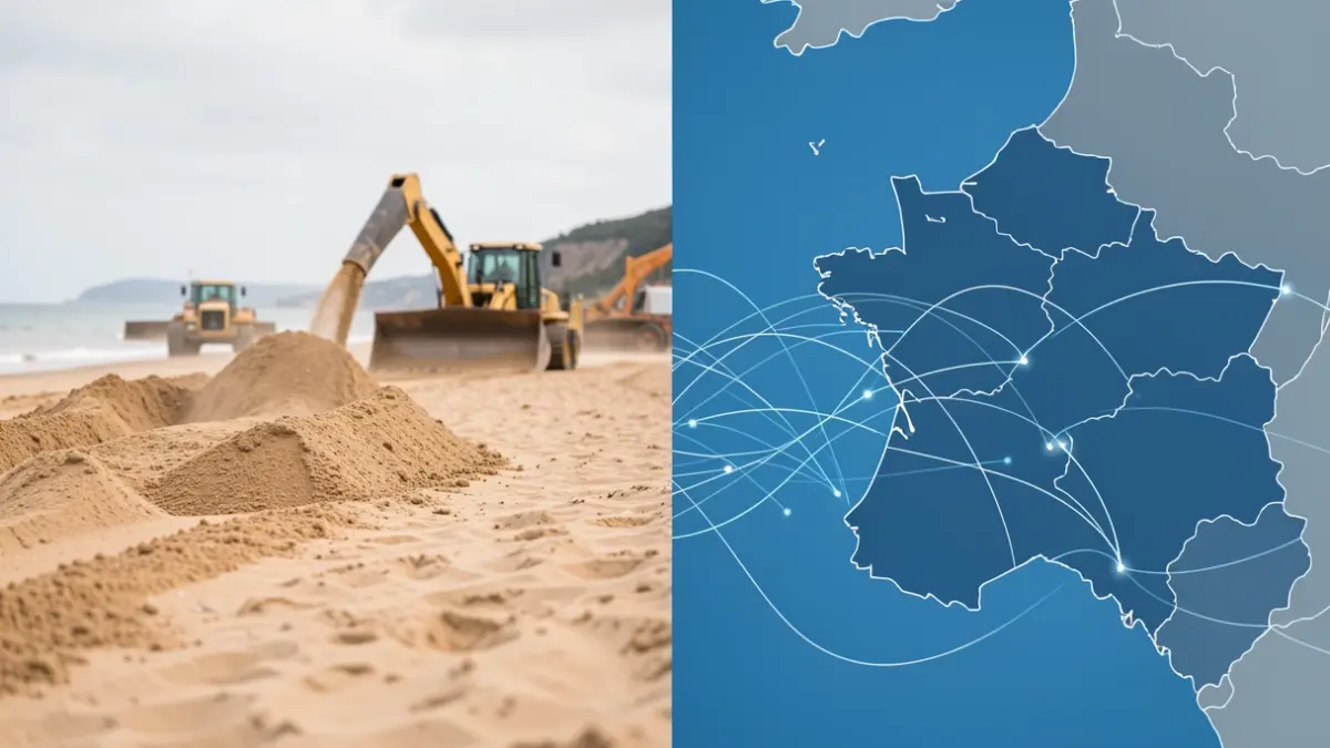 Image composite montrant une opération de rechargement de plage et une carte de la Nouvelle-Aquitaine.