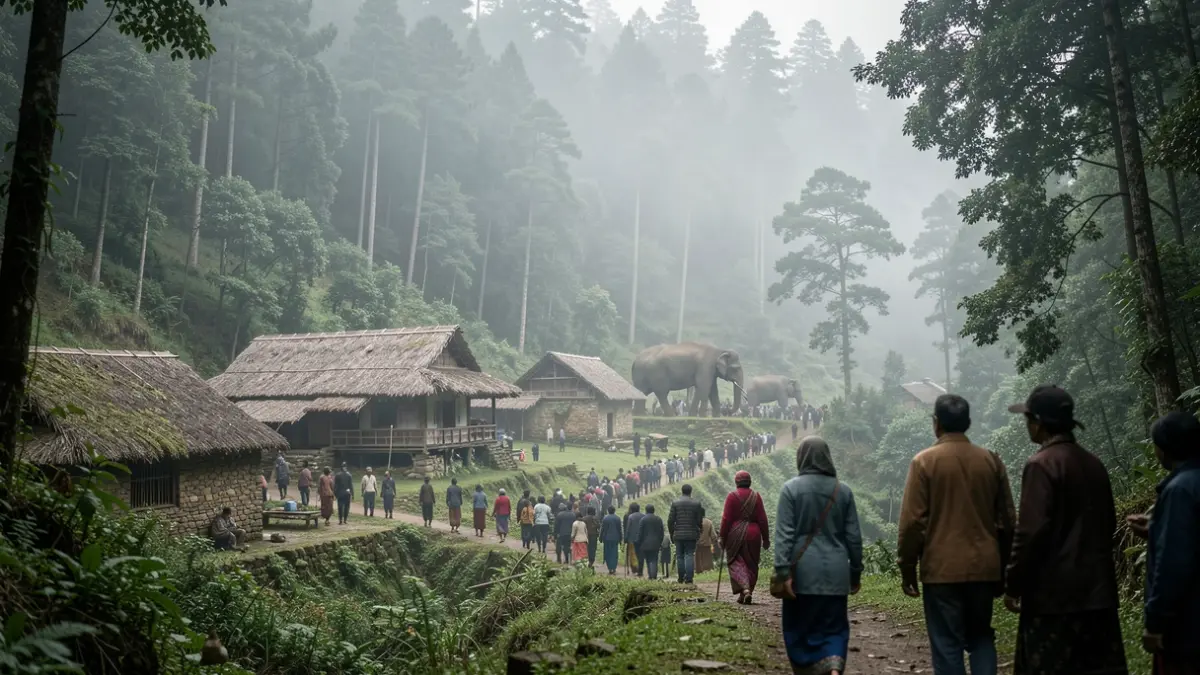 Image générique d'un village népalais isolé dans une forêt brumeuse avec des éléphants sauvages en arrière-plan.