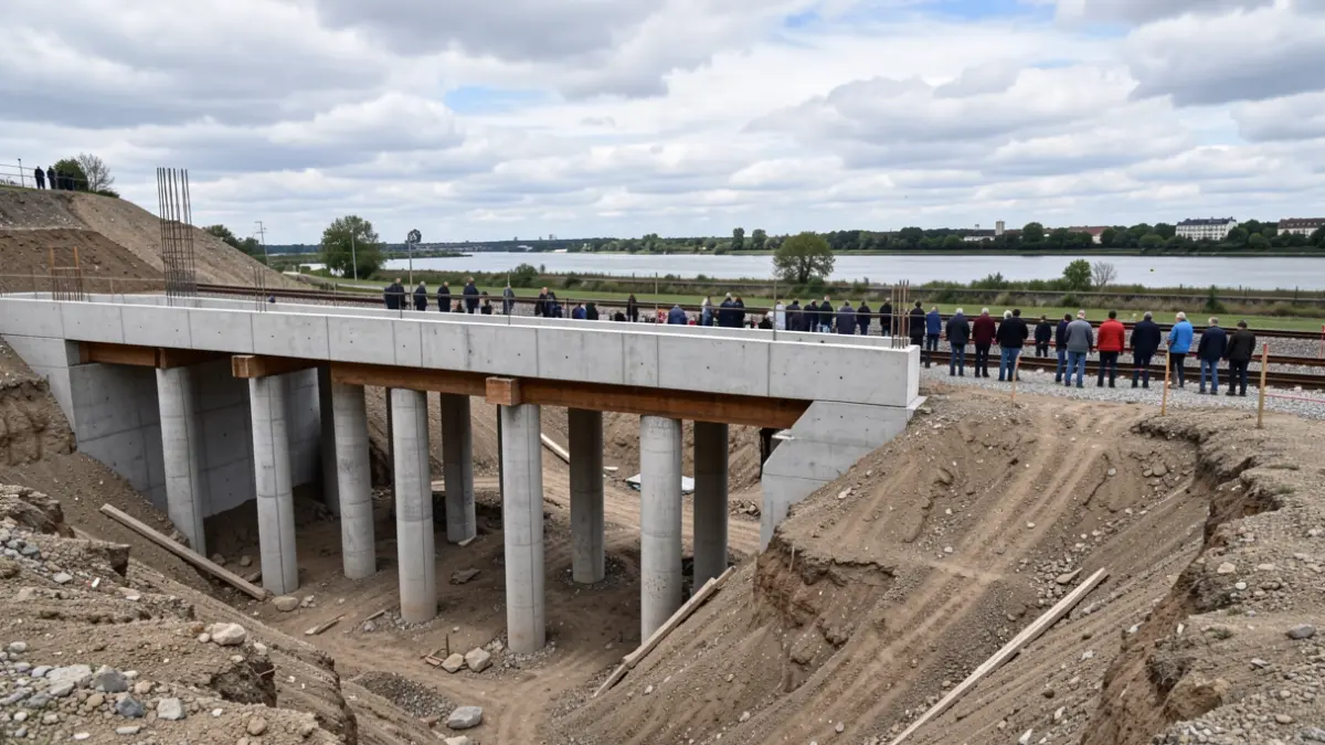 Repair work on the D813 retaining wall in Port-Sainte-Marie, featuring reinforced concrete piles and proximity to a railway line.