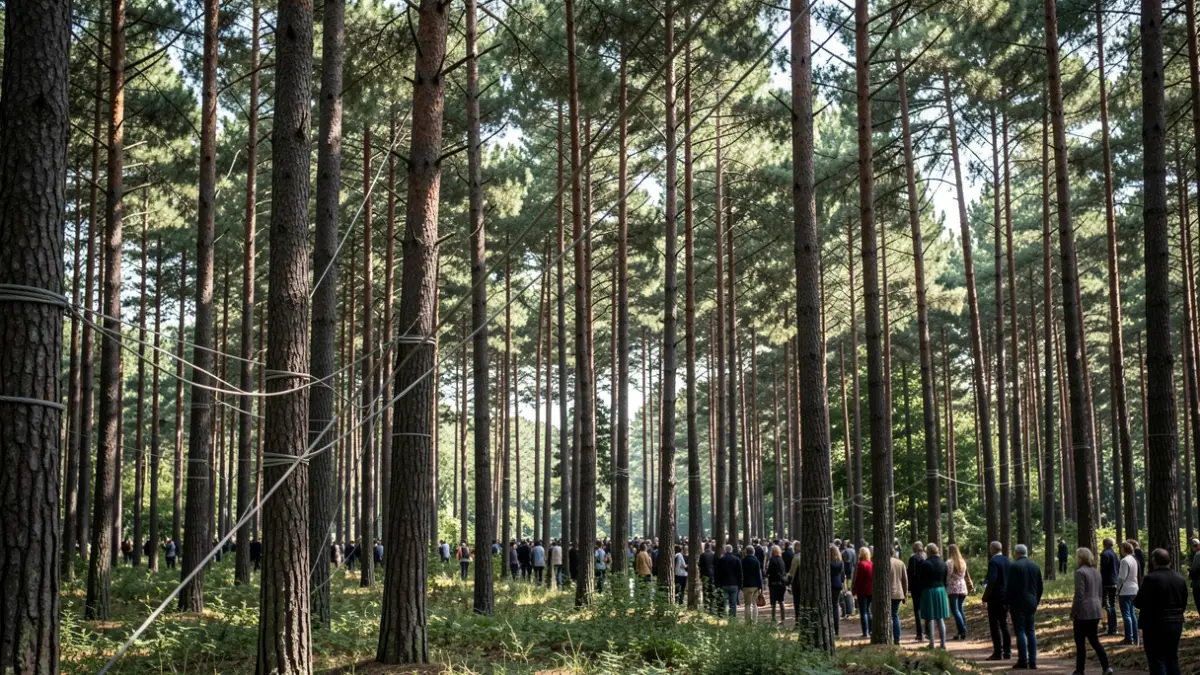 Forest of Landes de Gascogne with artistic climbing ropes subtly integrated into the trees.