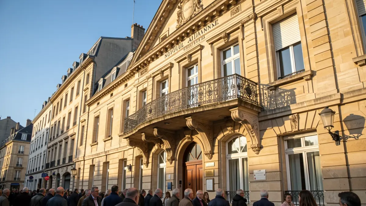 Façade en pierre d'un hôtel de ville de Nouvelle-Aquitaine avec balcon orné et balustrade en fer forgé, soleil d'après-midi chaud projetant des ombres sur les murs en grès, ciel bleu.