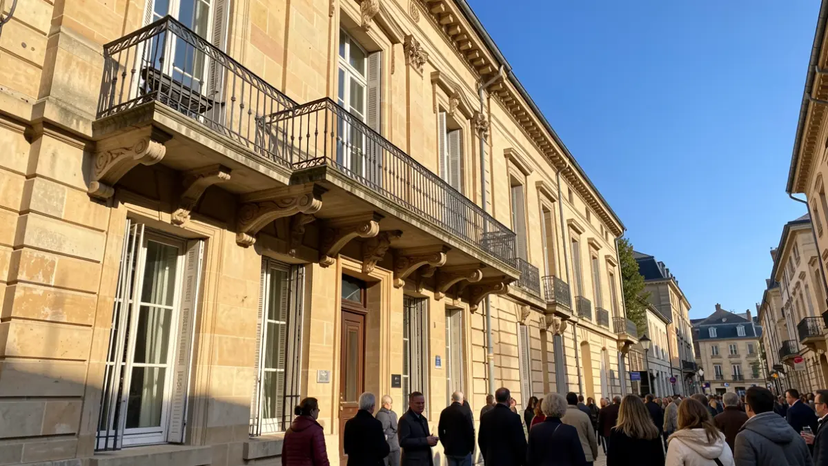 Façade en pierre d'un hôtel de ville de Nouvelle-Aquitaine avec balcon orné et balustrade en fer forgé, soleil d'après-midi.